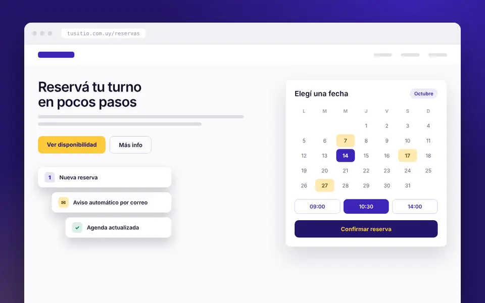Sitio web con reserva de turnos, calendario con horarios y aviso automático por correo