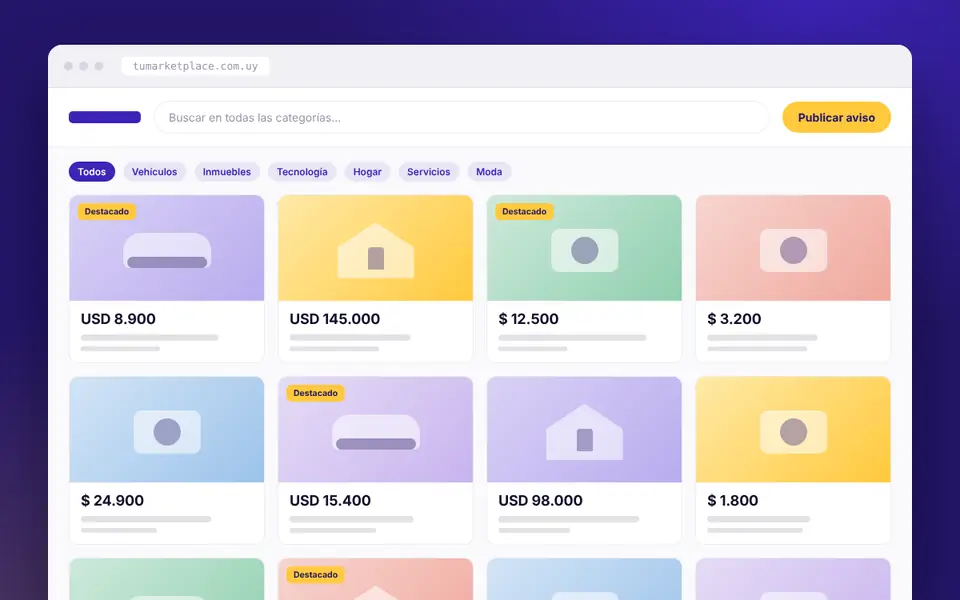 Marketplace de clasificados con avisos por categoría y botón para publicar un aviso