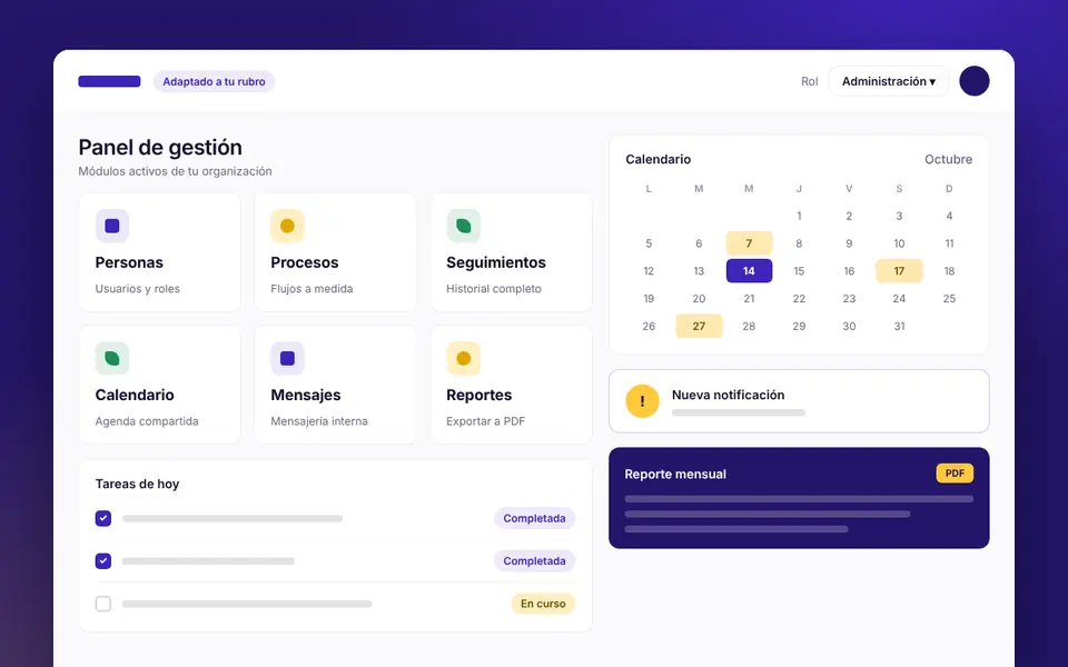 Panel de un sistema de gestión a medida con módulos, calendario, notificaciones y reportes